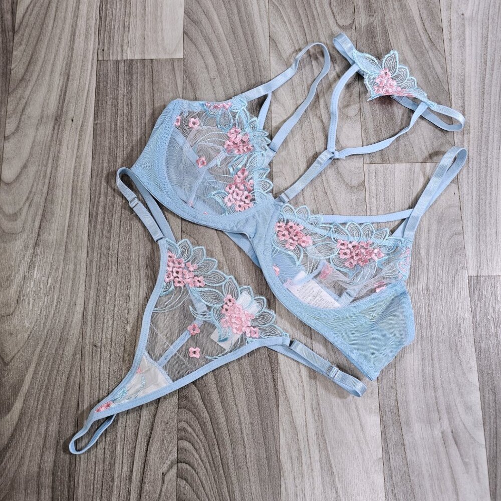 Sexy Mesh Embroidered Lingerie Set with Neck Ring, Bra & Thong, Size 6/M ~ NWOT - Picture 4 of 5